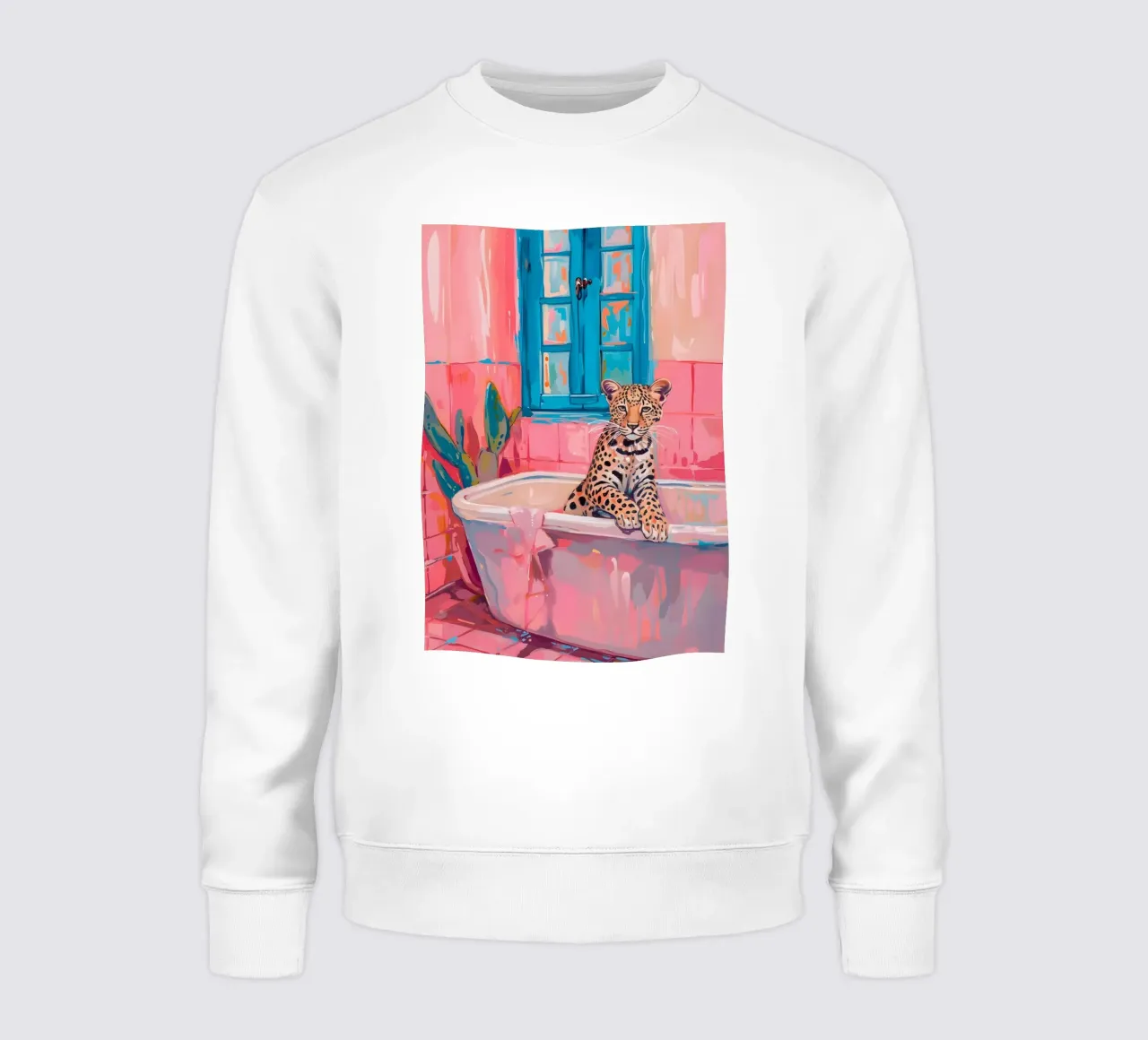 Léopard dans la baignoire : Impression d'art moderne rose et bleu sweat de homdeco