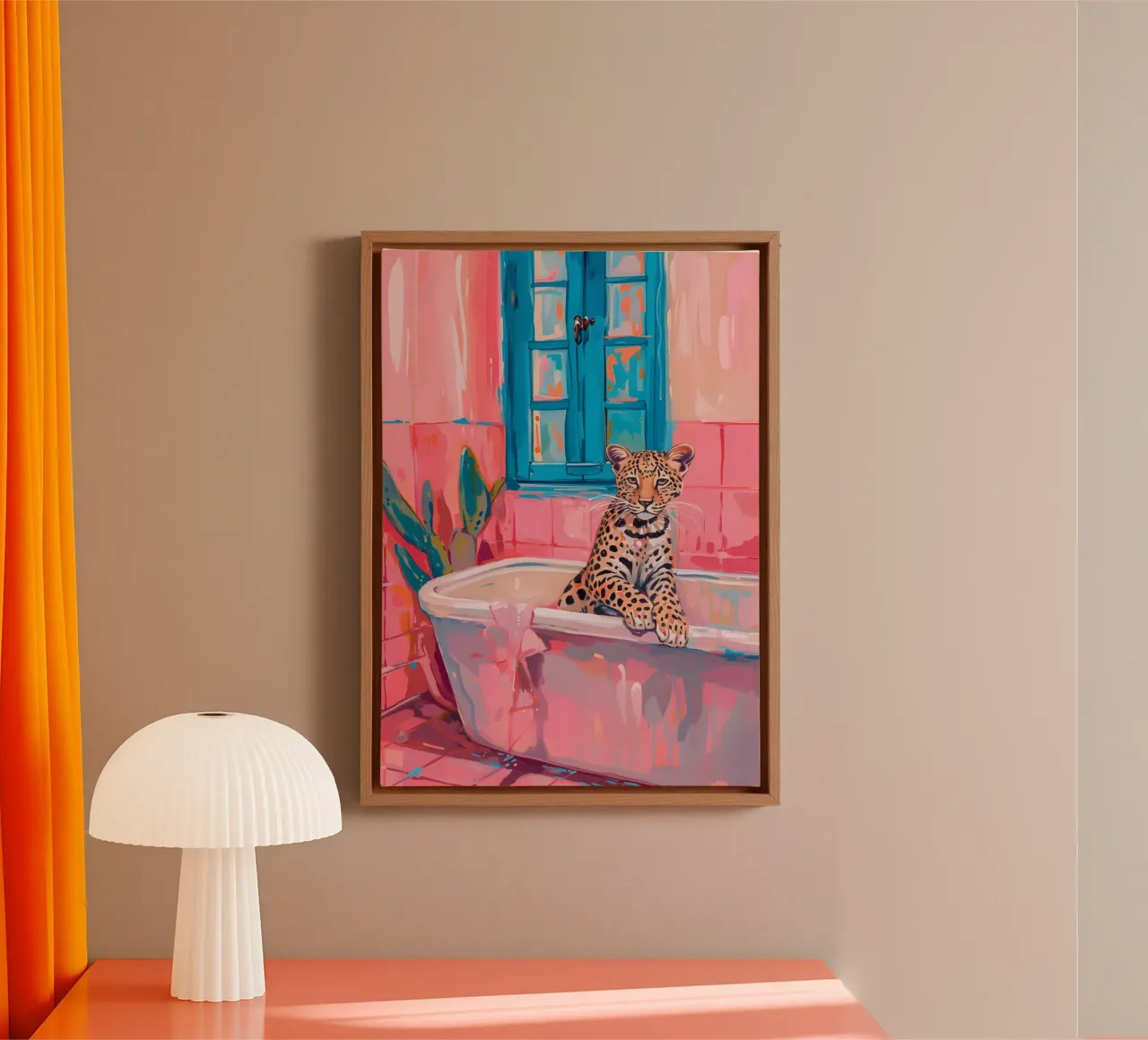 Luipaard in bad: Roze & Blauw Moderne Kunstdruk canvas met Baklijst van homdeco