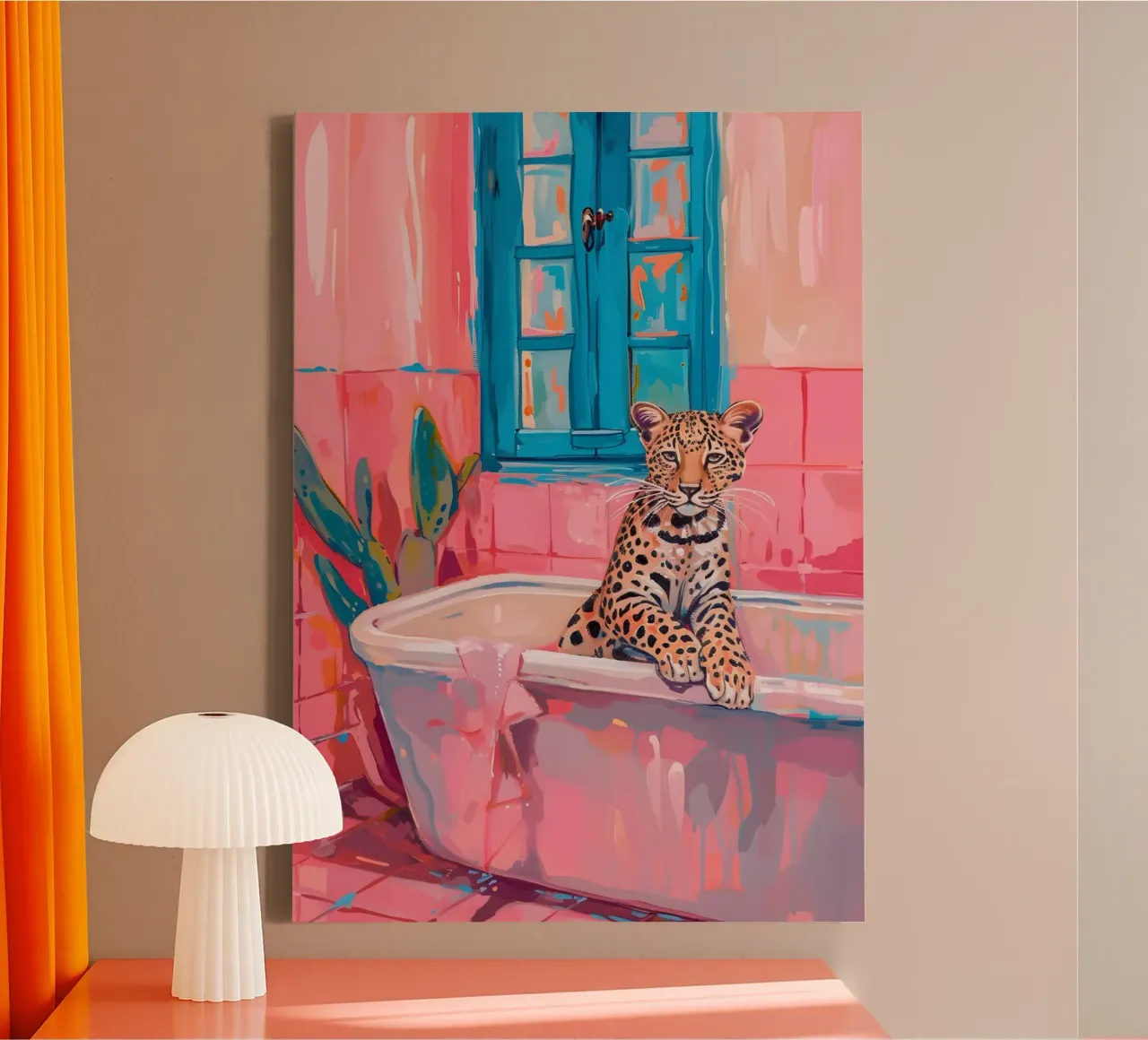 Luipaard in bad: Roze & Blauw Moderne Kunstdruk canvas met Baklijst van homdeco
