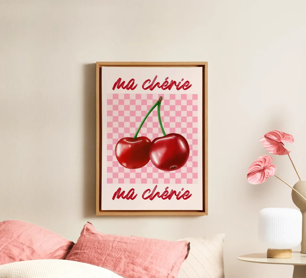 Ma Chérie Cherry Roze Geruite Kunstdruk canvas met Baklijst van homdeco