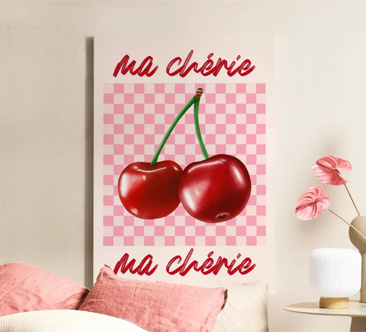 Ma Chérie Cherry Roze Geruite Kunstdruk canvas met Baklijst van homdeco