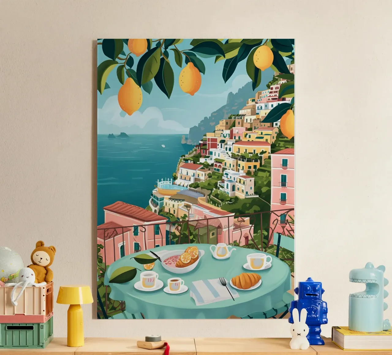 Positano Lemon Terrace: Italian Coastal Breakfast Art acrylic glass by homdeco