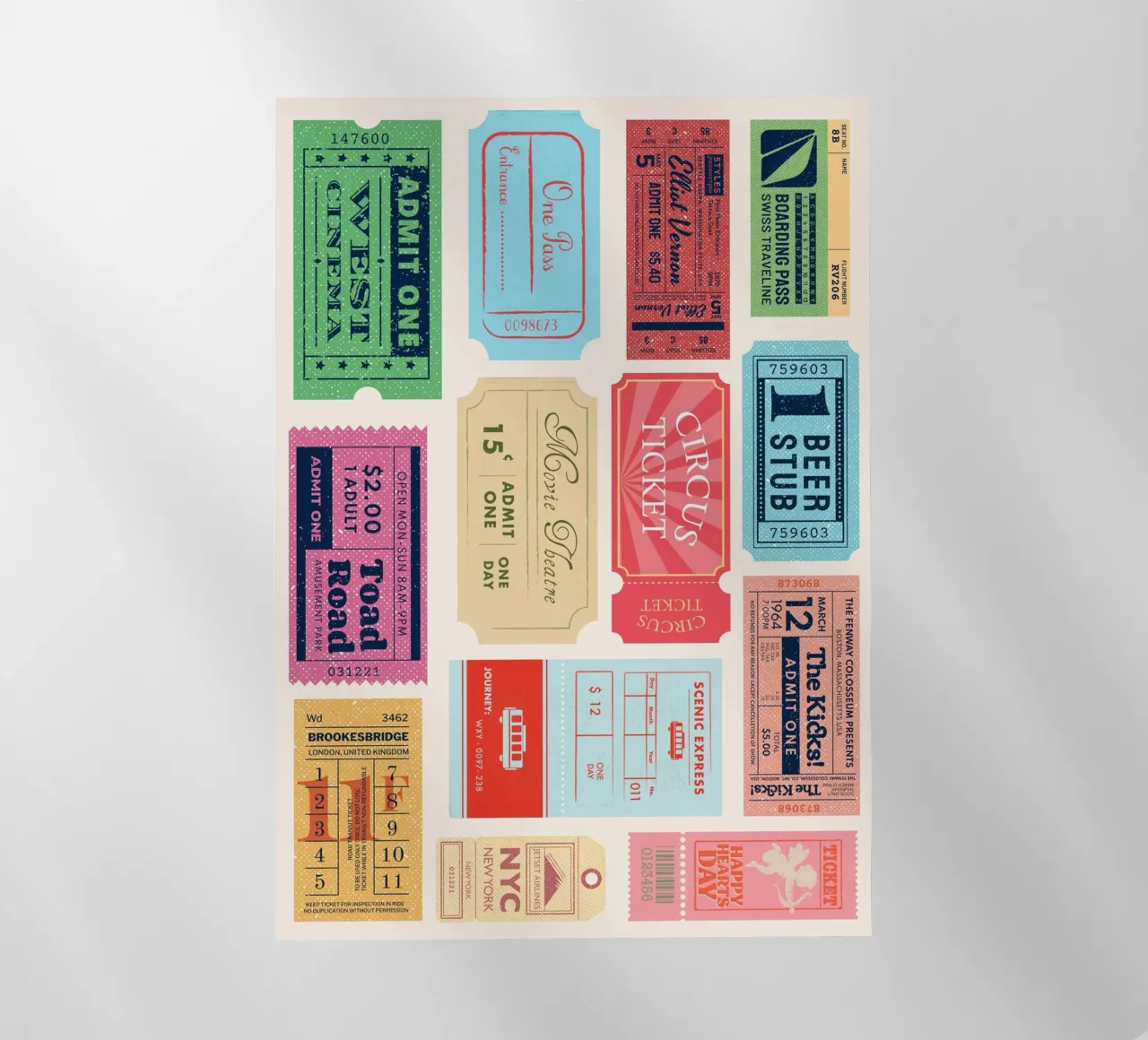Biglietti d'ingresso vintage: Collezione di arte pop retrò pellicola backlit da homdeco