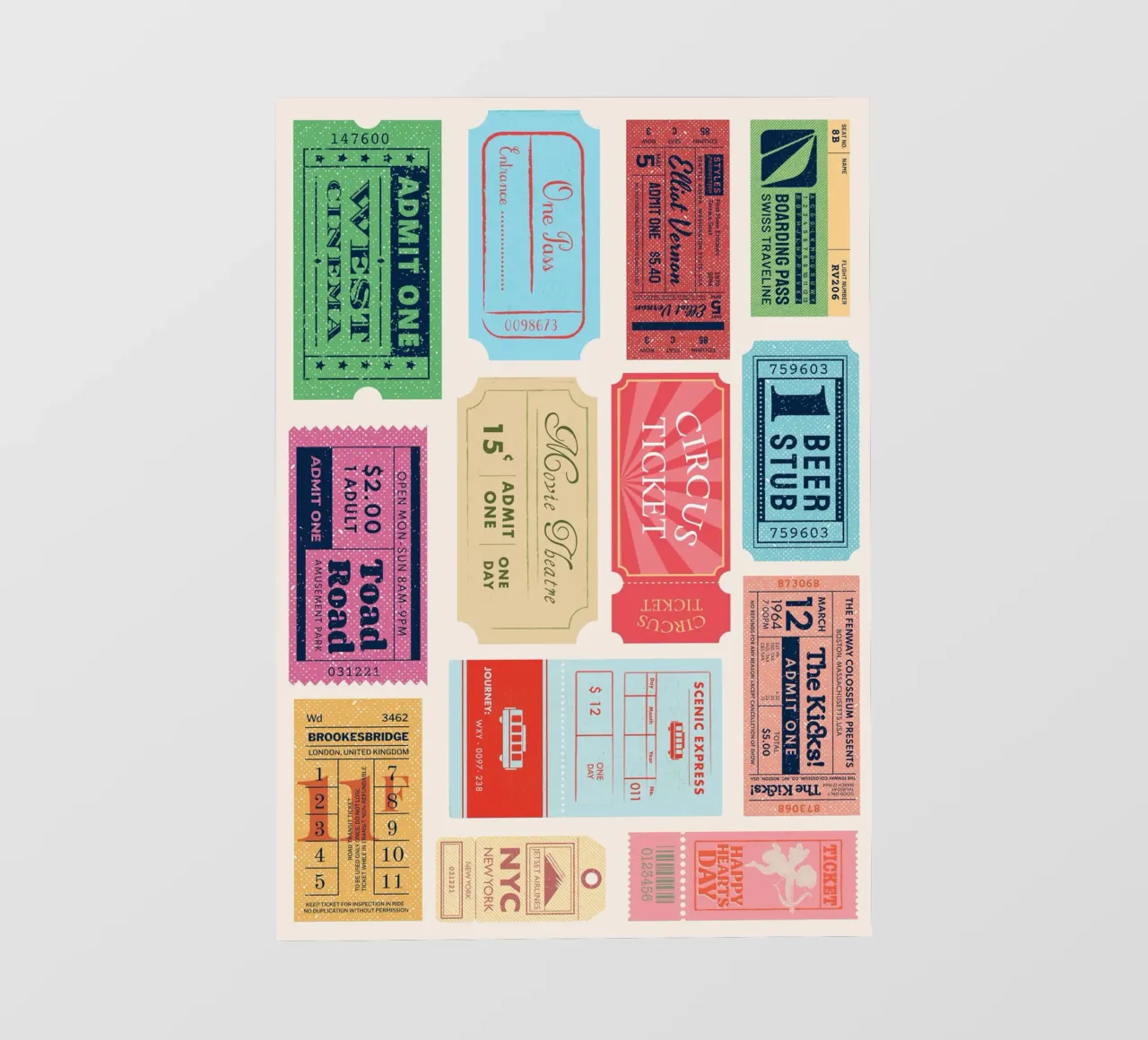 Biglietti d'ingresso vintage: Collezione di arte pop retrò pellicola backlit da homdeco