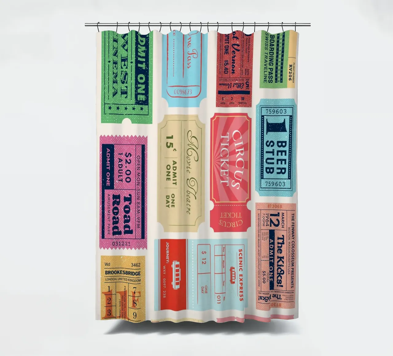 Biglietti d'ingresso vintage: Collezione di arte pop retrò tenda da doccia da homdeco
