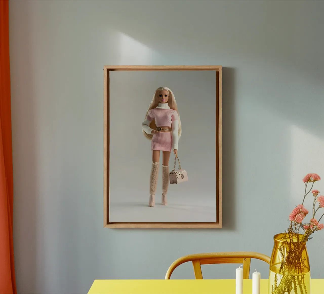 Chique Barbie: Roze gebreide modepop Art Print canvas met Baklijst van homdeco