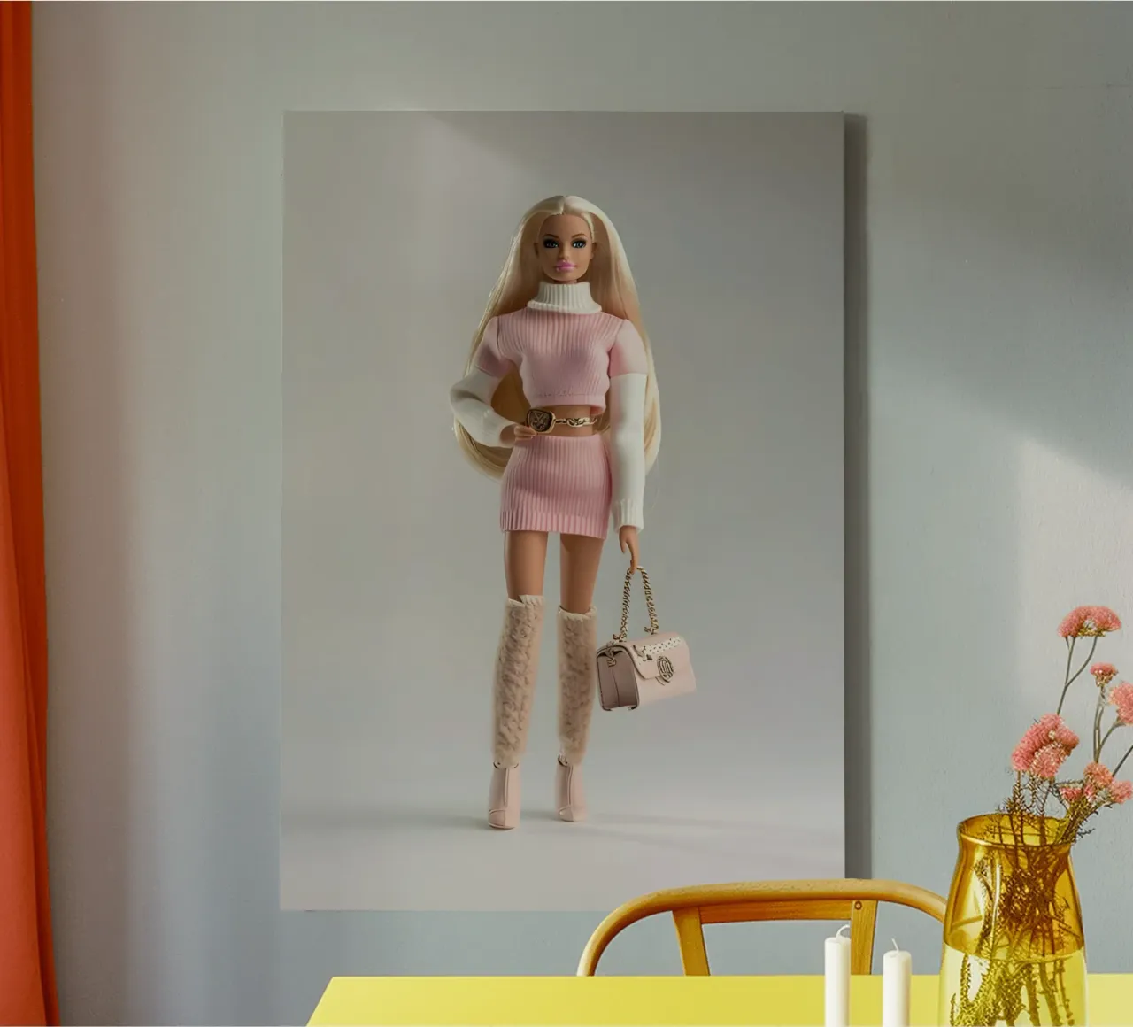 Chique Barbie: Roze gebreide modepop Art Print canvas met Baklijst van homdeco