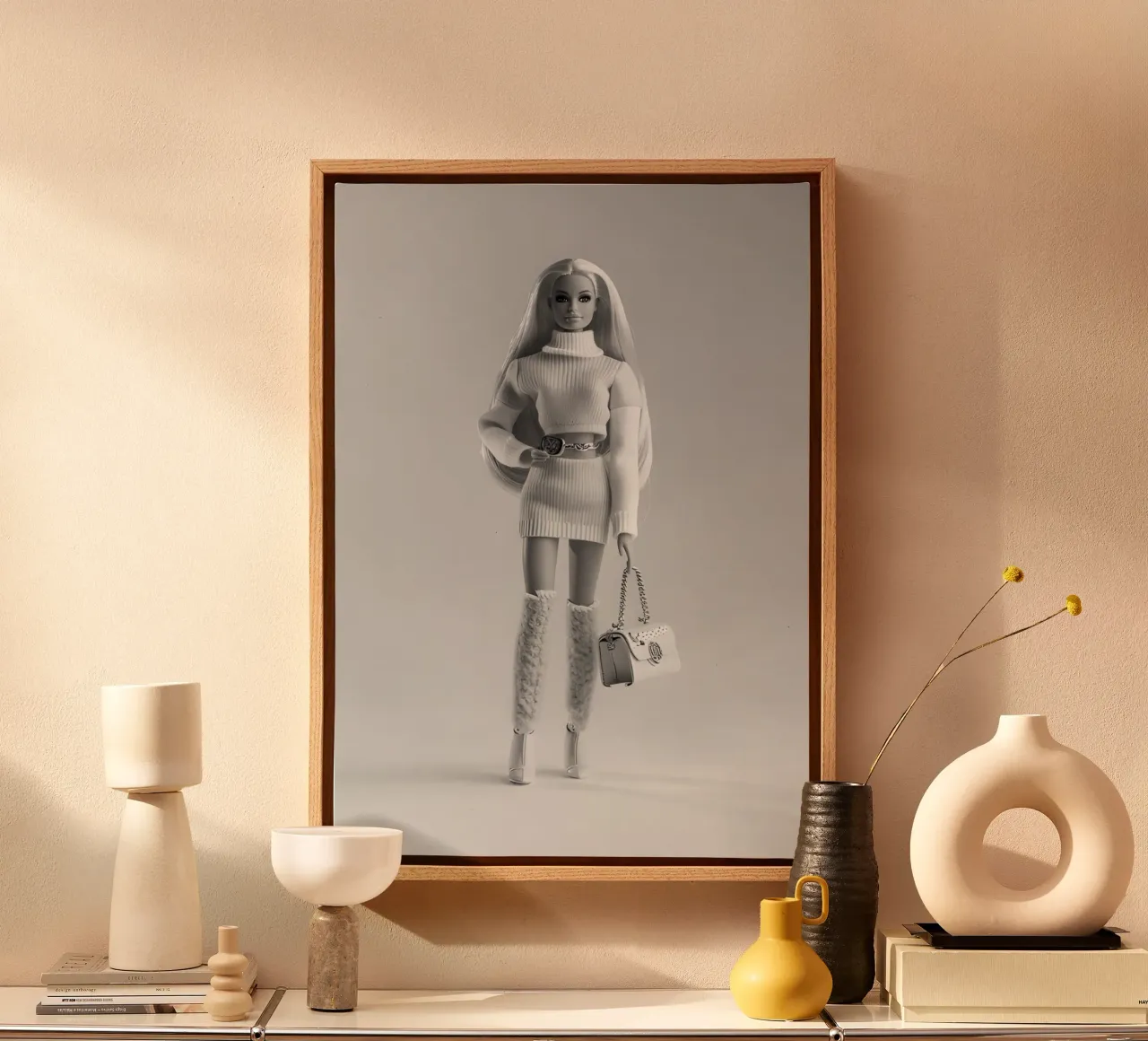Chique Barbie: Monochrome gebreide modepop kunstdruk canvas met Baklijst van homdeco
