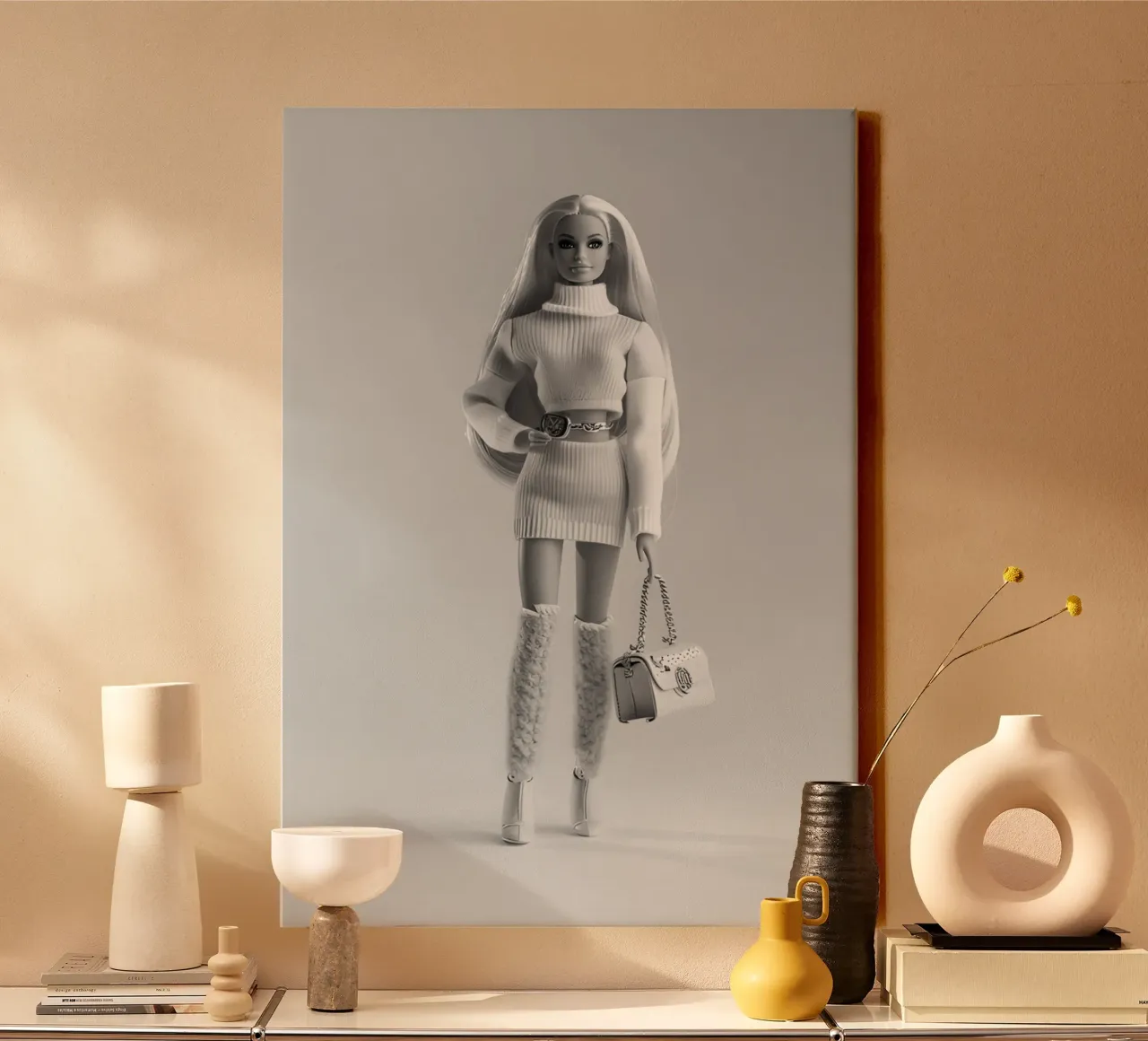 Chique Barbie: Monochrome gebreide modepop kunstdruk canvas met Baklijst van homdeco