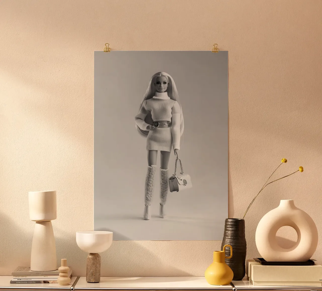 Barbie chic: stampa d'arte della bambola di moda in maglia monocromatica poster da homdeco