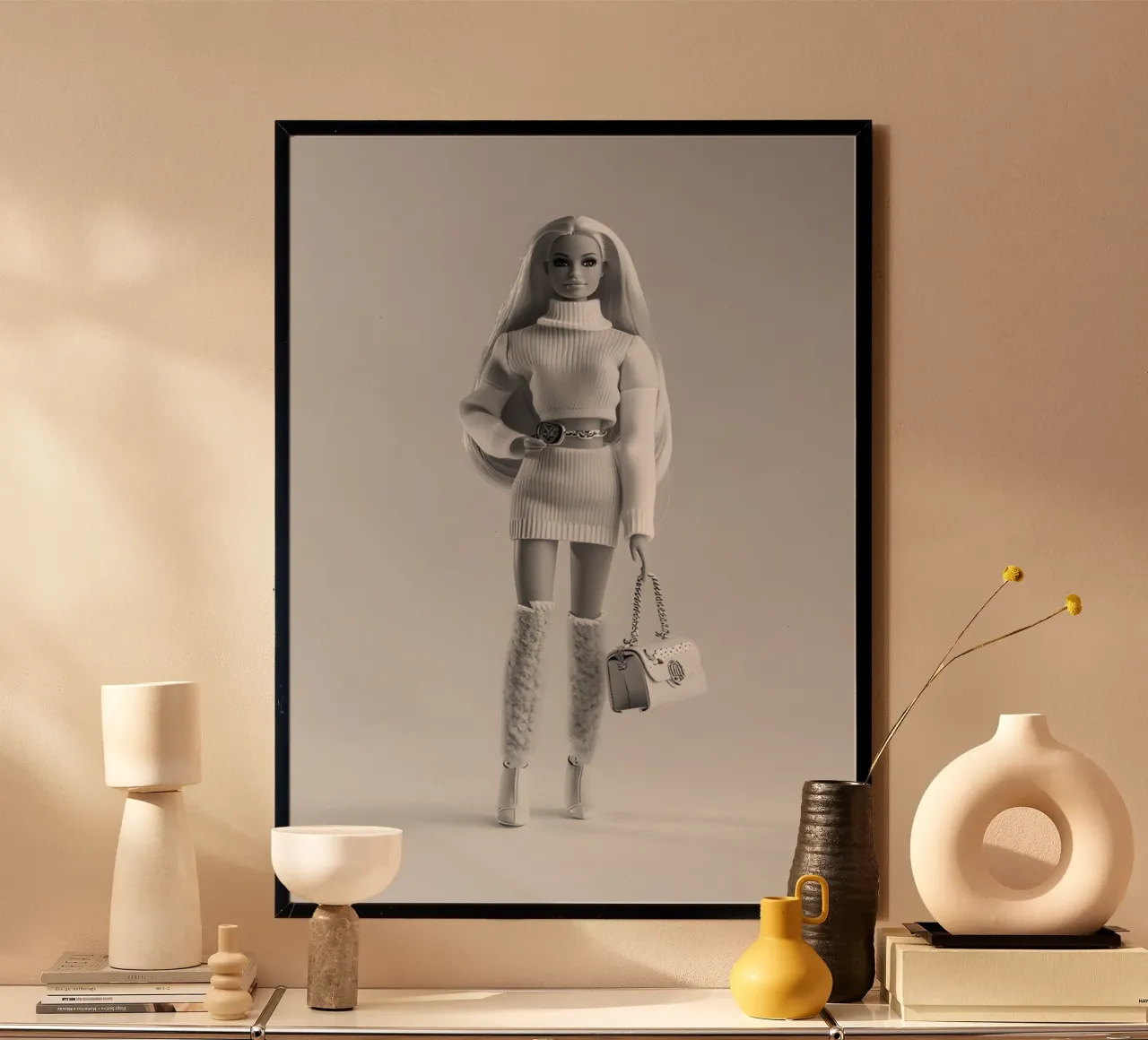 Barbie chic: stampa d'arte della bambola di moda in maglia monocromatica poster da homdeco