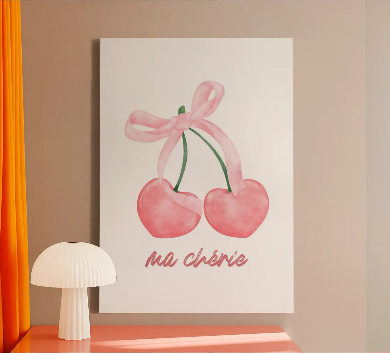 "Ma Chérie" Pink Cherries with Ribbon Art Print canvas with Floater frame by homdeco