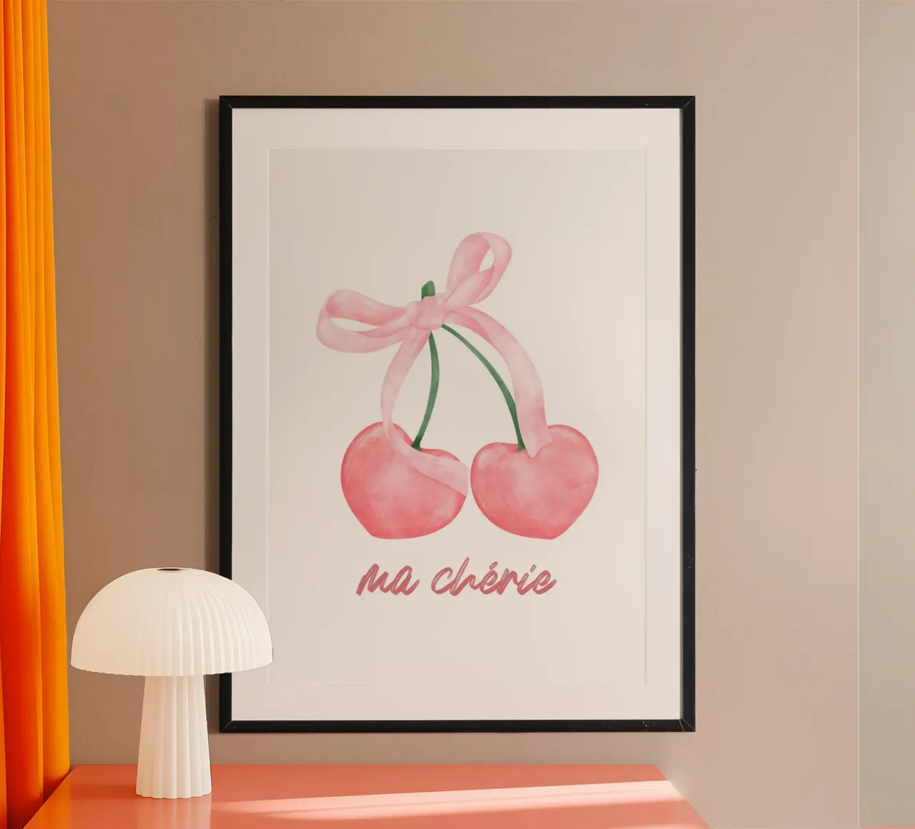 "Ma Chérie" Rosa Kirschen mit Schleife Kunstdruck Poster von homdeco
