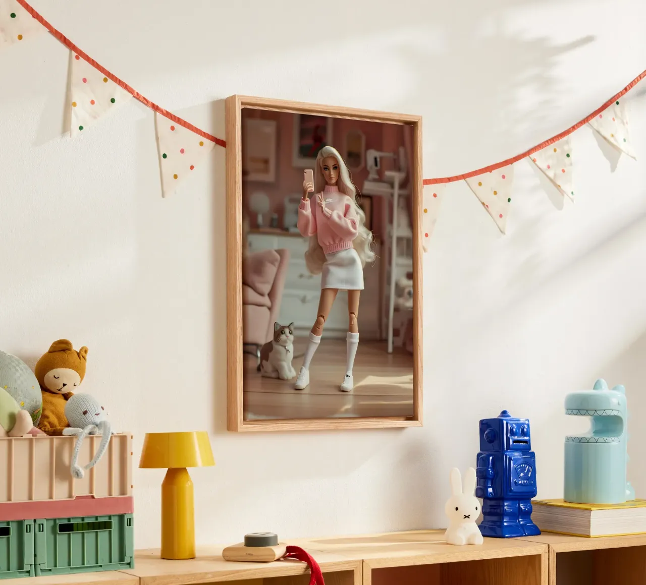 Barbie selfie: Roze Esthetiek met Huiskat Kunstdruk canvas met Baklijst van homdeco