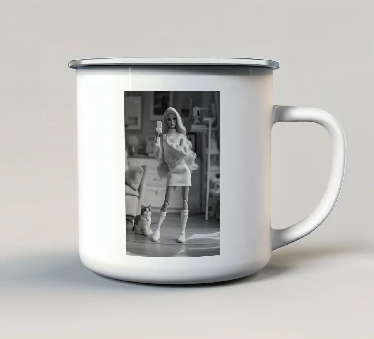 Barbie Selfie: Estetica monocromatica con gatto domestico tazza in smalto da homdeco