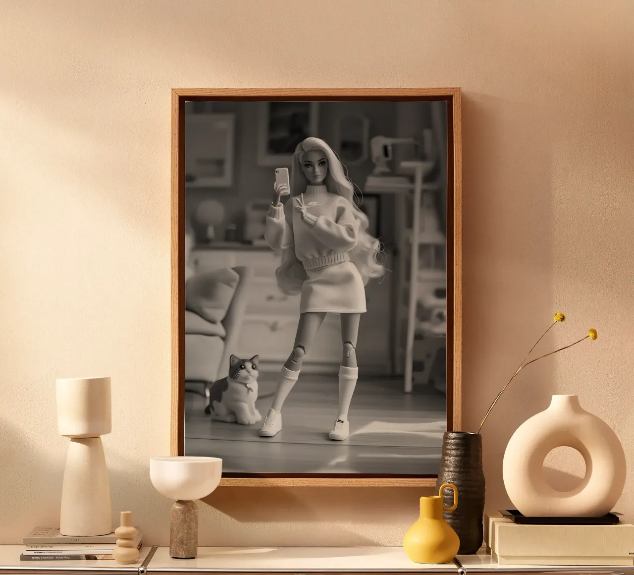 Barbie selfie: Monochrome esthetiek met huiskat canvas met Baklijst van homdeco