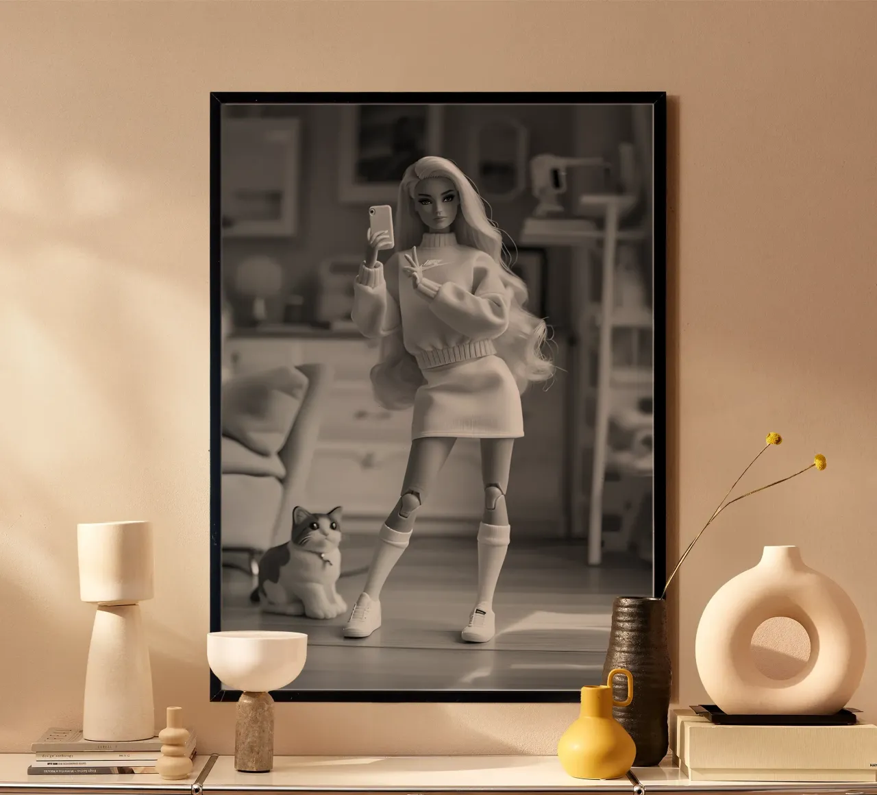 Barbie Selfie: Estética monocromática con gato como mascota poster de homdeco
