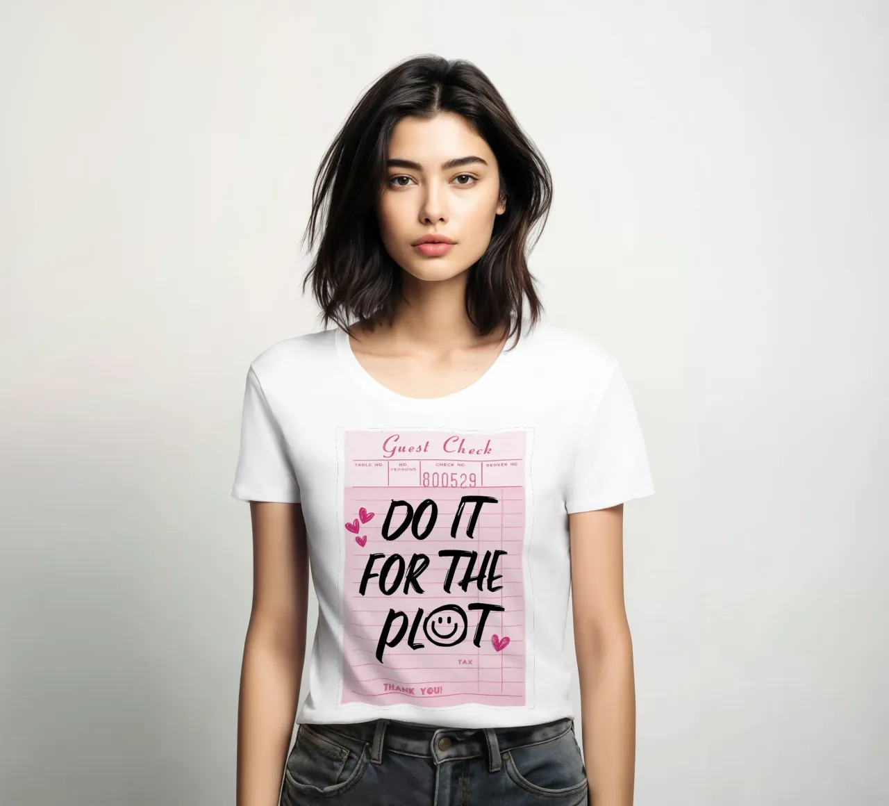 "Do It For The Plot" Trendy Guest Check Art Print dames t-shirt getailleerd van homdeco
