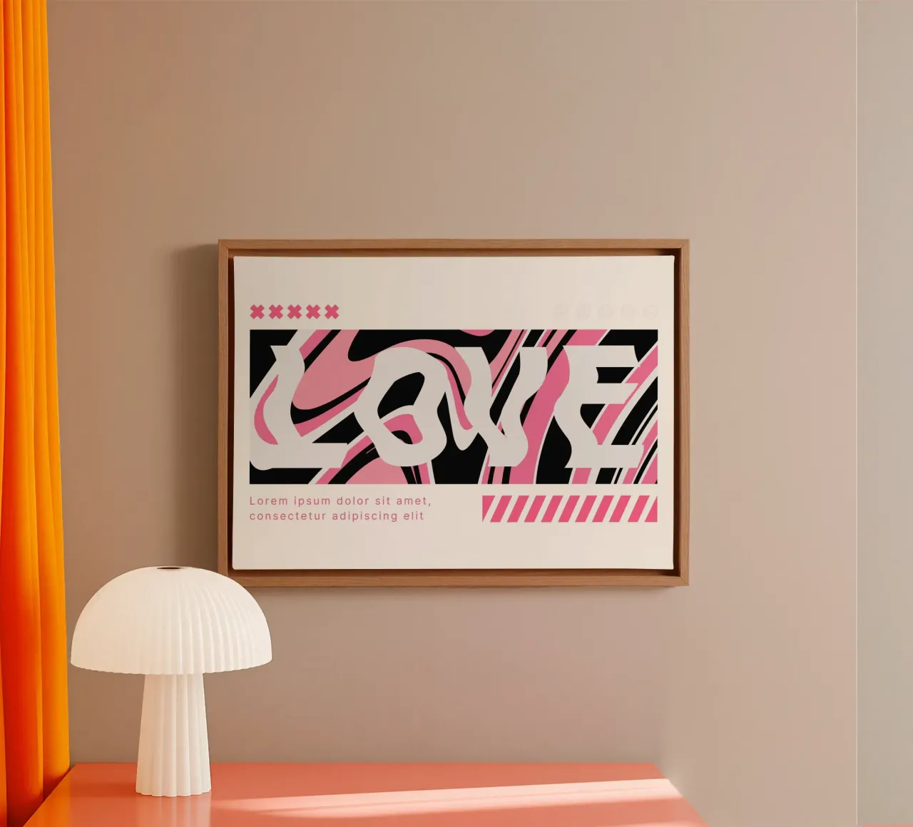LOVE Glitch Kunst: Roze, zwart-wit modern abstract canvas met Baklijst van homdeco
