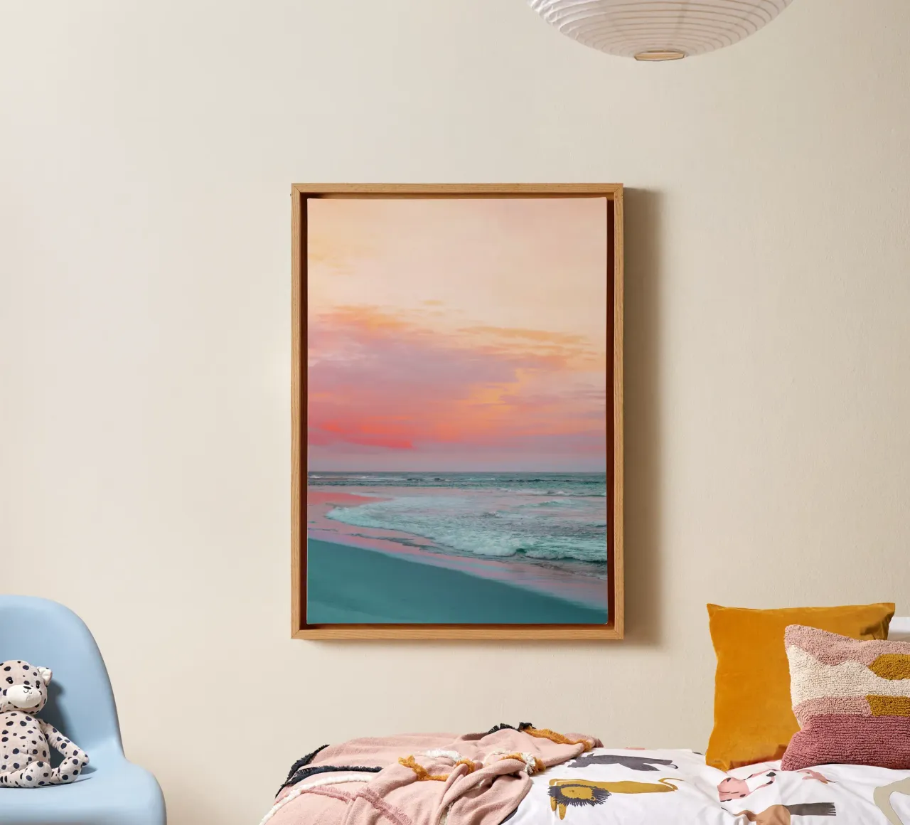 Arte murale estetica del tramonto sulla spiaggia e sull'oceano tela con Cornice a cassetta da dawnthesea