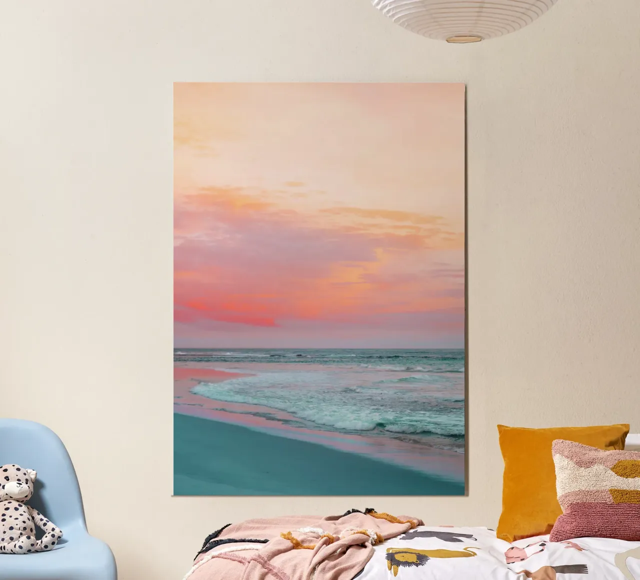 Arte murale estetica del tramonto sulla spiaggia e sull'oceano poster con telaio in plastica da dawnthesea