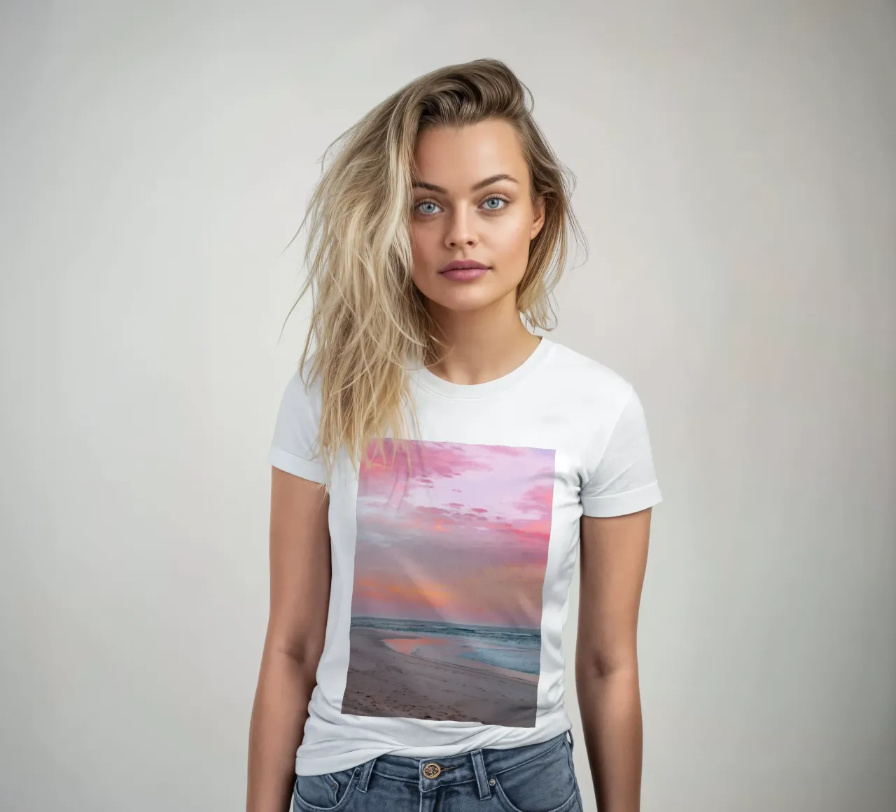 Dreamy Pink Sunset Beach Ocean Serenity Art women's fitted t-shirt by dawnthesea
