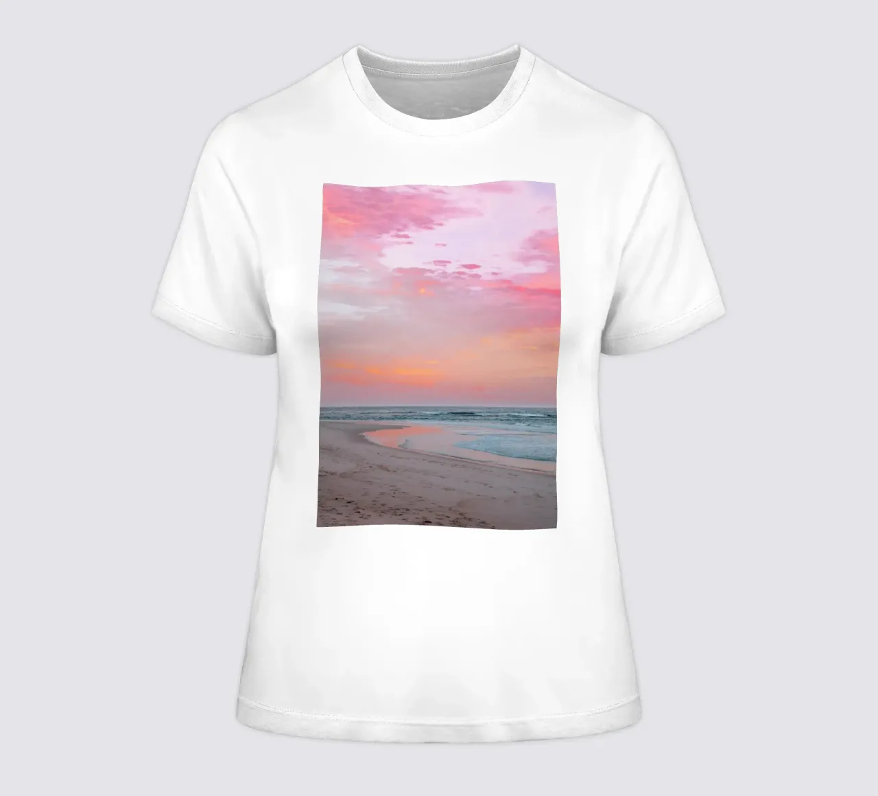 Dreamy Pink Sunset Beach Ocean Serenity Art women's fitted t-shirt by dawnthesea