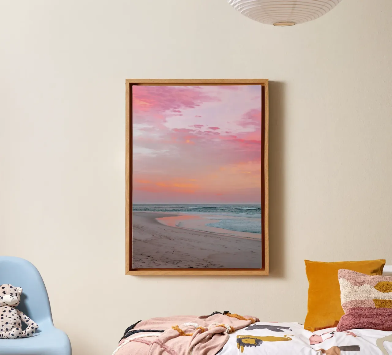 Arte sognante rosa tramonto spiaggia oceano serenità tela con Cornice a cassetta da dawnthesea