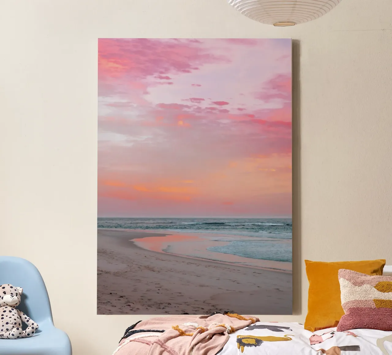 Arte sognante rosa tramonto spiaggia oceano serenità tela con Cornice a cassetta da dawnthesea