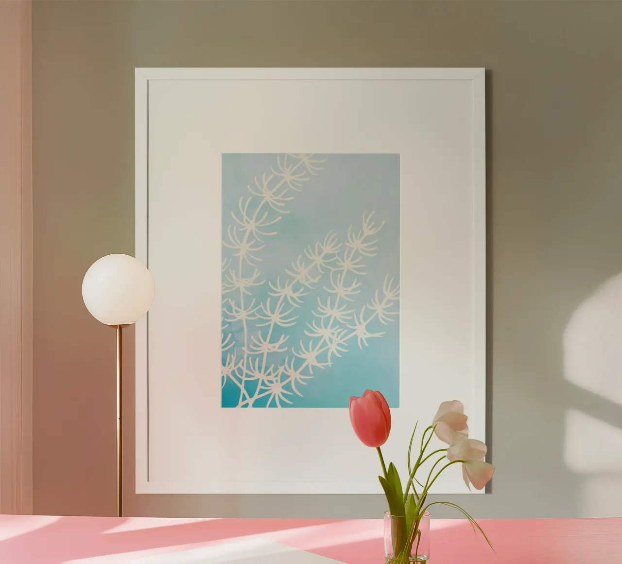 Alghe astratte bianche su acquerello blu poster con telaio in plastica da dawnthesea