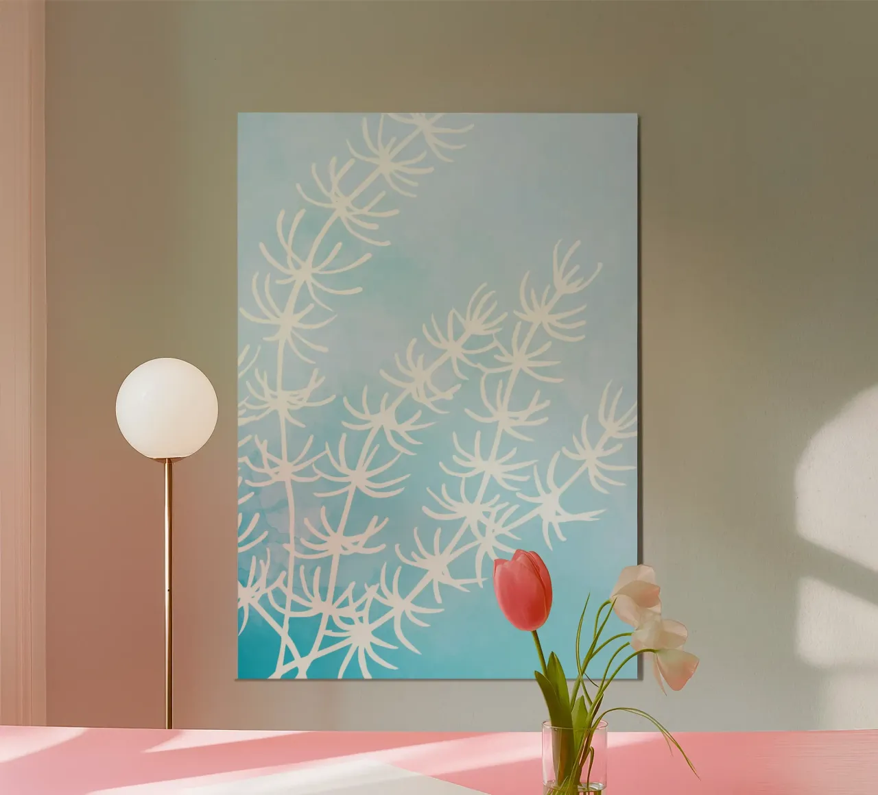 Alghe astratte bianche su acquerello blu poster con telaio in plastica da dawnthesea