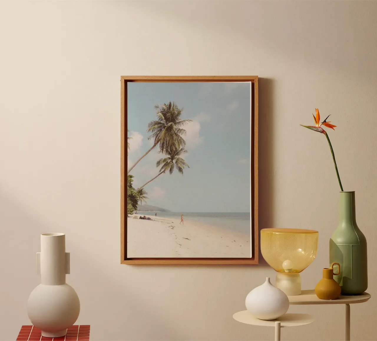 Tropical Beach Paradise Leaning Palms Vintage Vibes canvas with Floater frame by dawnthesea