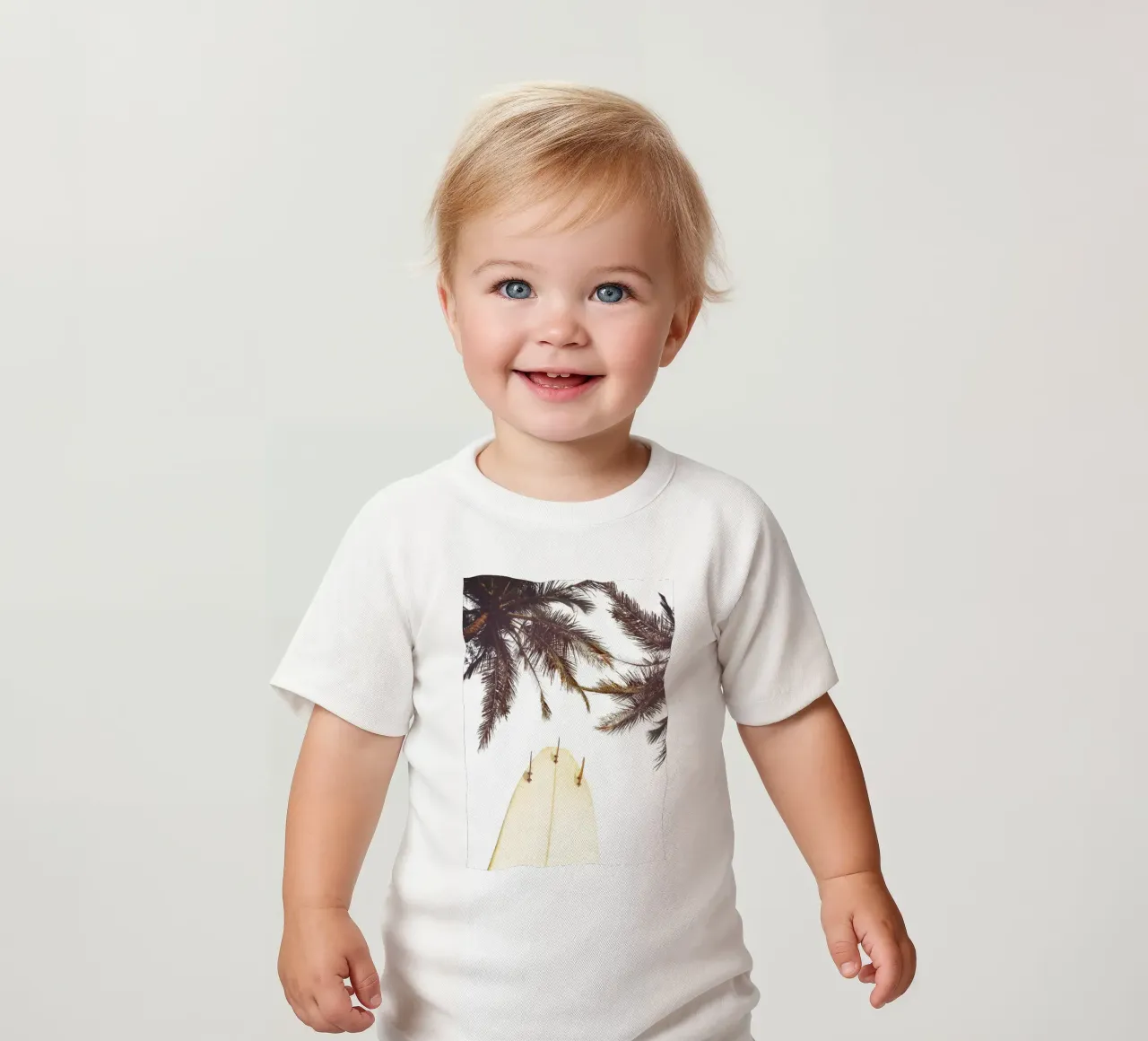 Surfboard Under Palms Tropical Beach Vibes Art baby t-shirt by dawnthesea