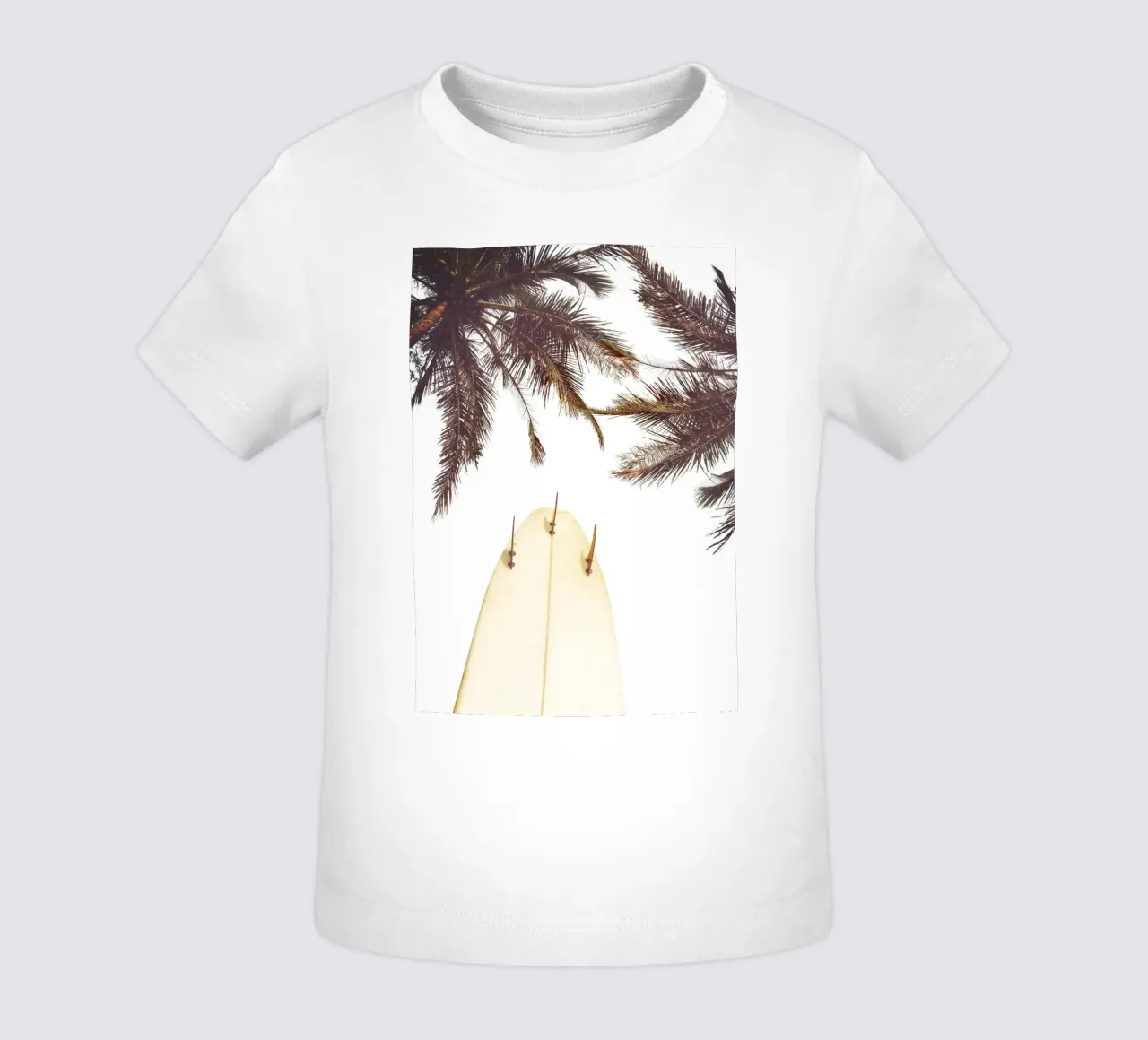 Surfboard Under Palms Tropical Beach Vibes Art baby t-shirt by dawnthesea