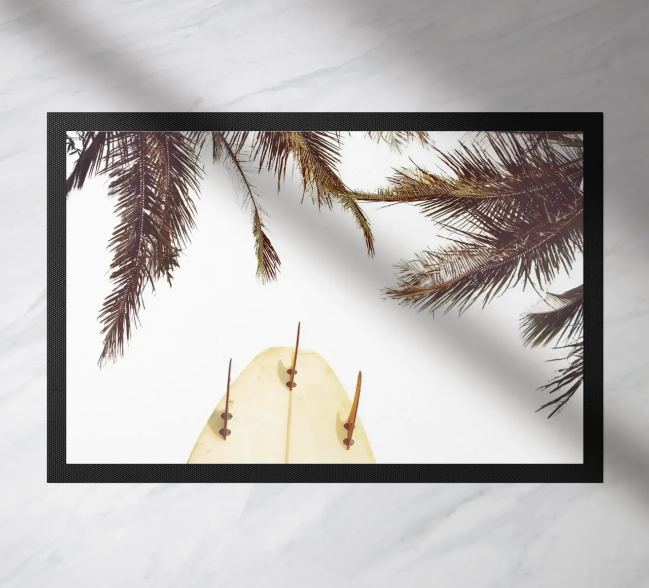 Surfboard Under Palms Tropical Beach Vibes Art doormat by dawnthesea