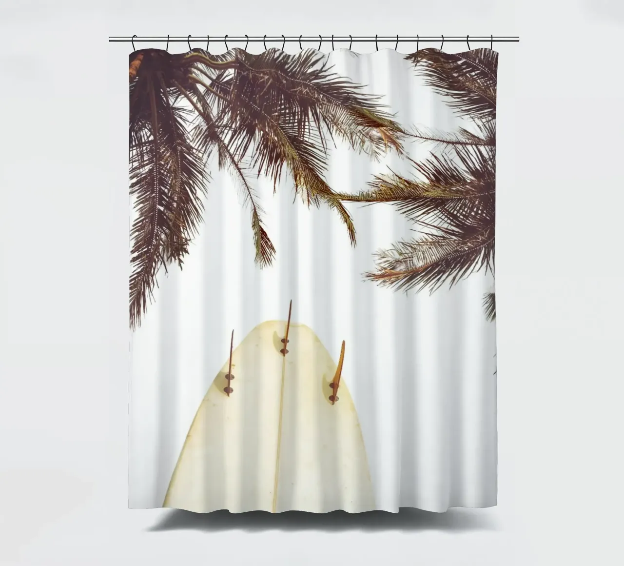 Surfboard Under Palms Tropical Beach Vibes Art shower curtain by dawnthesea