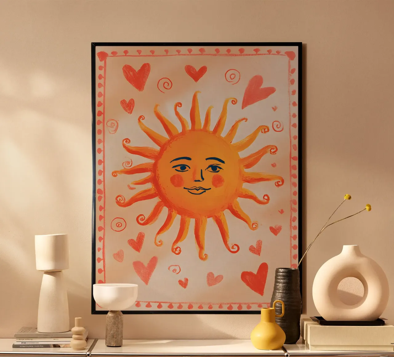 Whimsical Sun poster with wooden frame by Gypsy Galleria