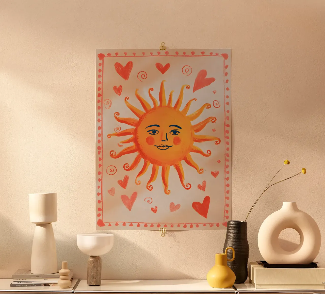 Whimsical Sun poster with wooden frame by Gypsy Galleria