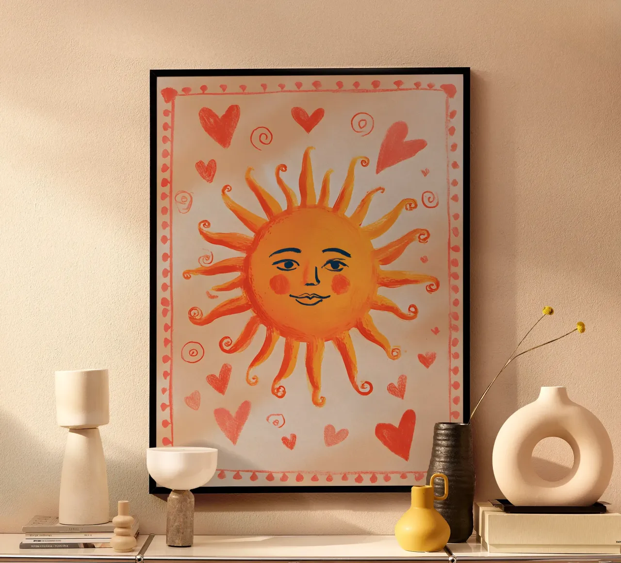 Whimsical Sun poster with wooden frame by Gypsy Galleria