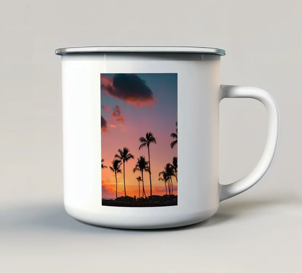 Tramonto infuocato Palm Grove Paradiso tropicale Arte tazza in smalto da dawnthesea