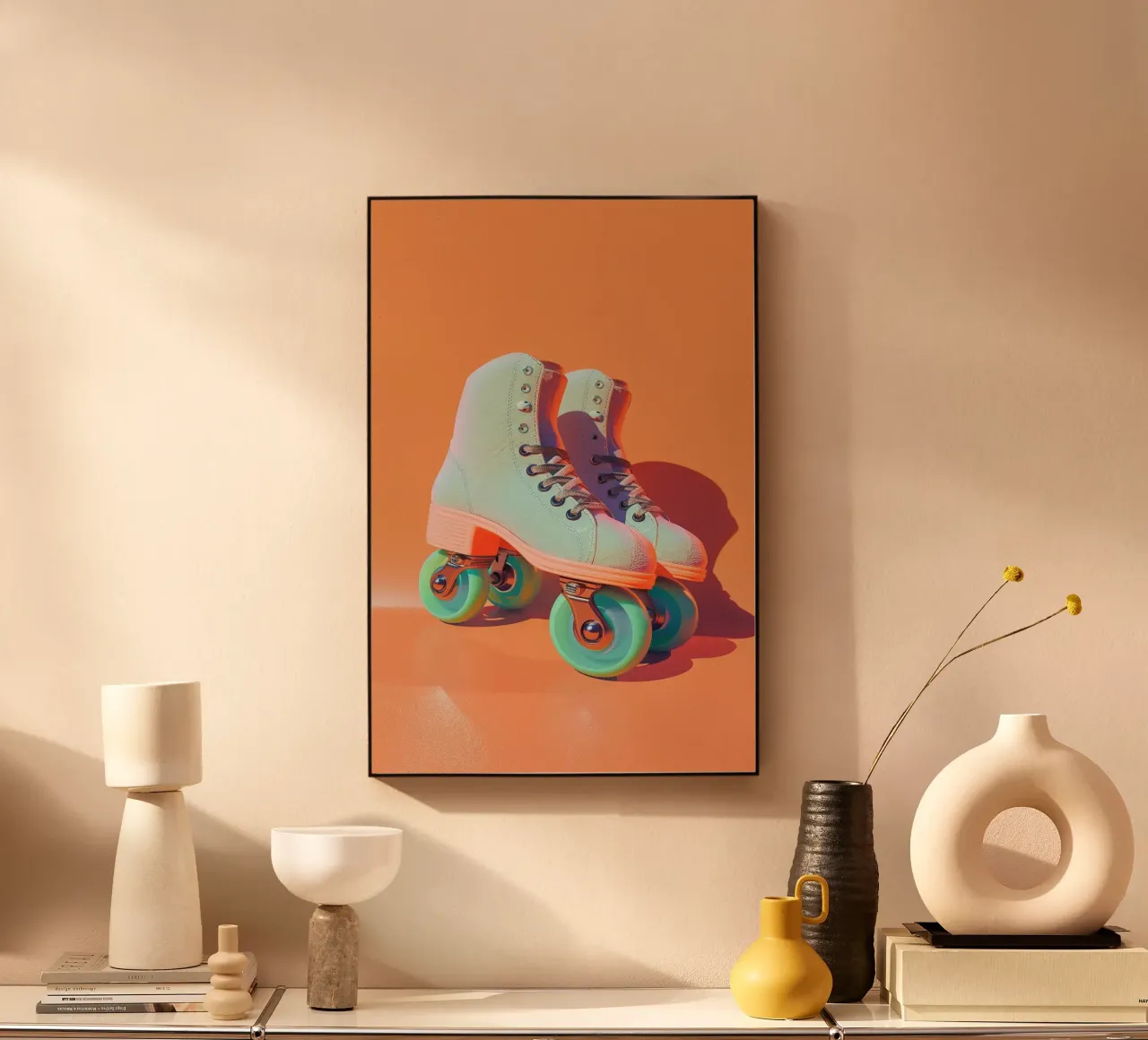 Retro Roller Skates on Vibrant Orange Background alluminio dibond da Mosaic Dialogue