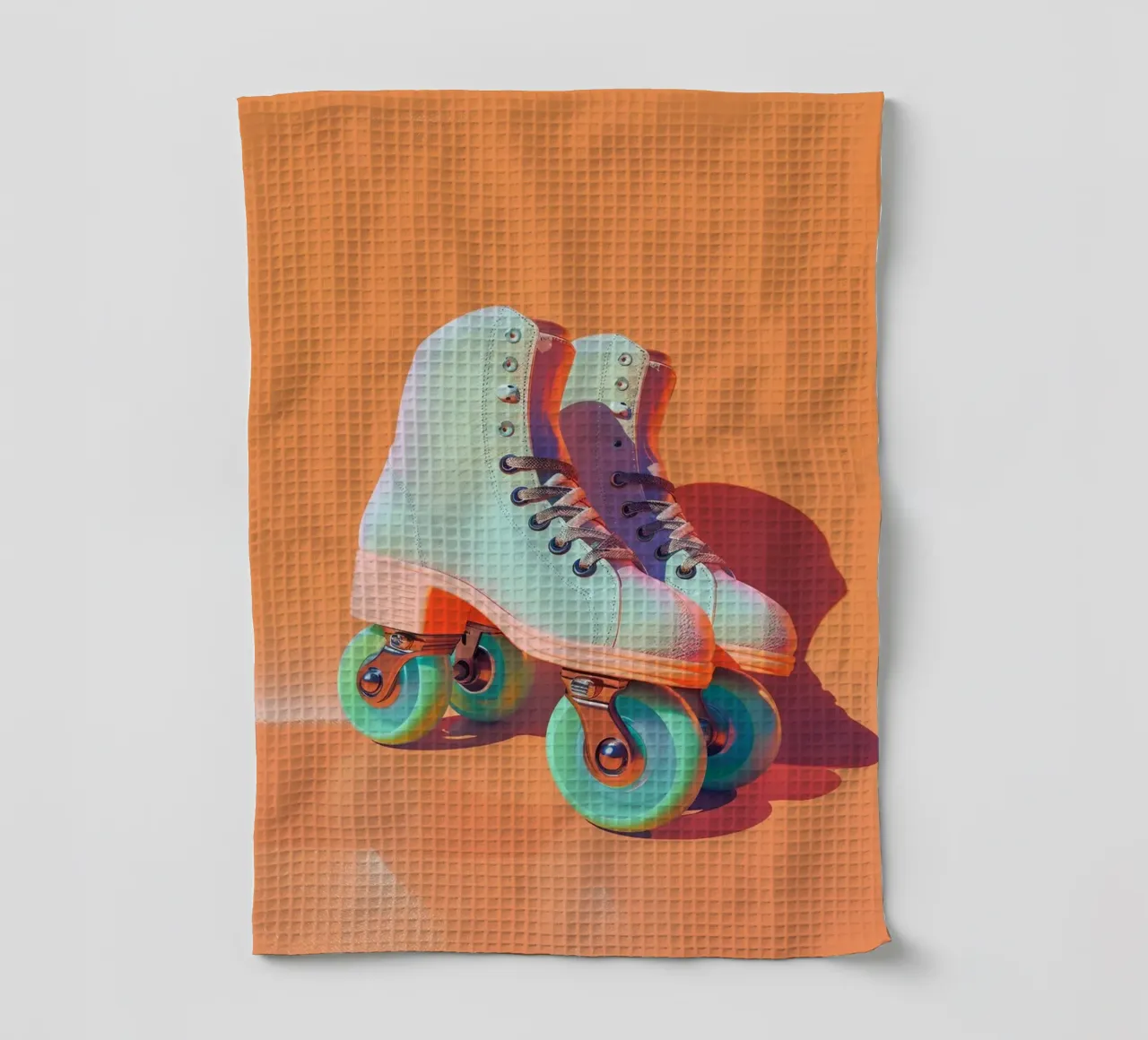 Retro Roller Skates on Vibrant Orange Background canovaccio da cucina da Mosaic Dialogue