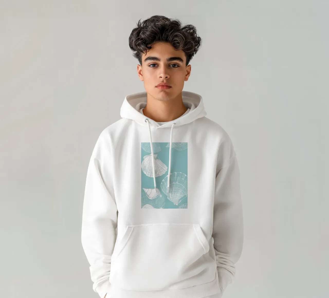 Modello di conchiglie bianche Aqua Blue Coastal Art felpa con cappuccio da dawnthesea