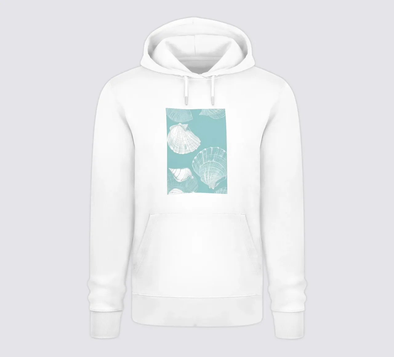Modello di conchiglie bianche Aqua Blue Coastal Art felpa con cappuccio da dawnthesea
