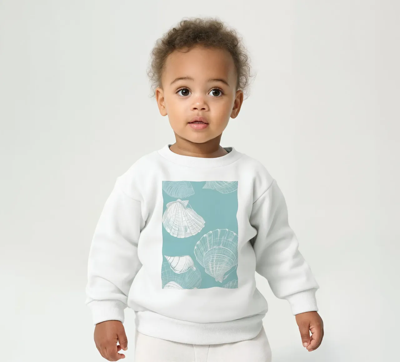 Modello di conchiglie bianche Aqua Blue Coastal Art felpa neonato da dawnthesea