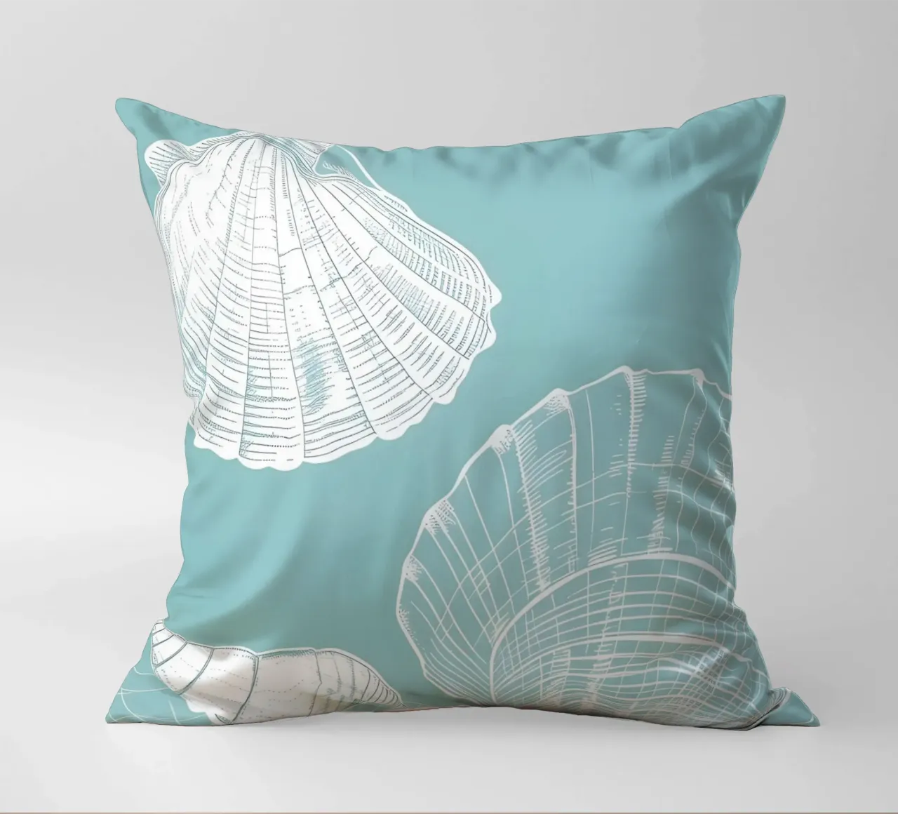 Modello di conchiglie bianche Aqua Blue Coastal Art cuscino da dawnthesea
