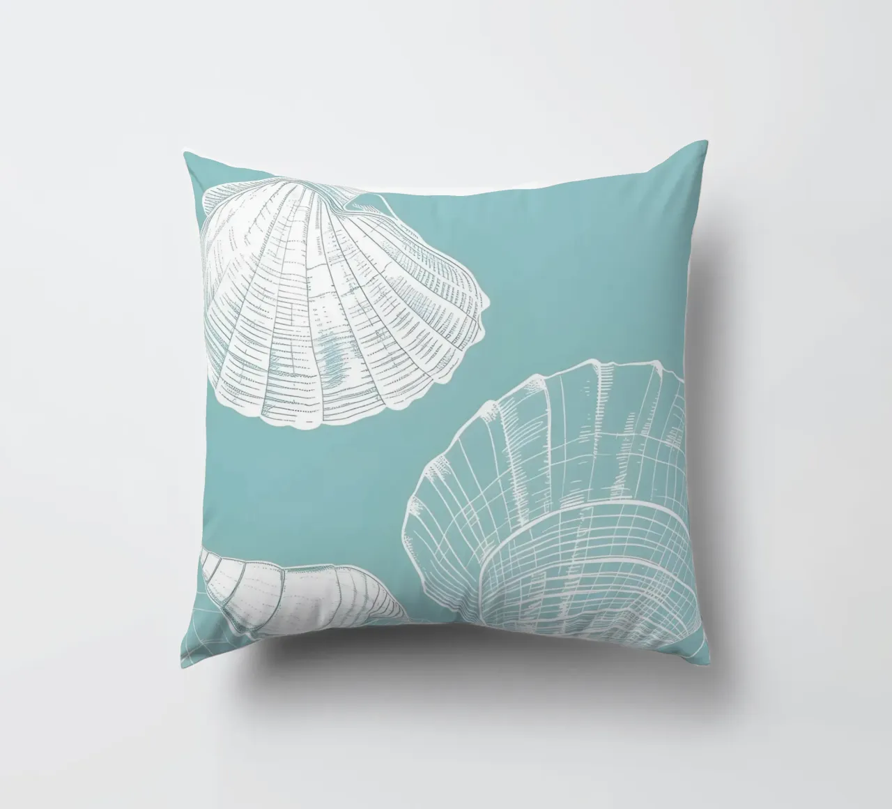 Modello di conchiglie bianche Aqua Blue Coastal Art cuscino da dawnthesea