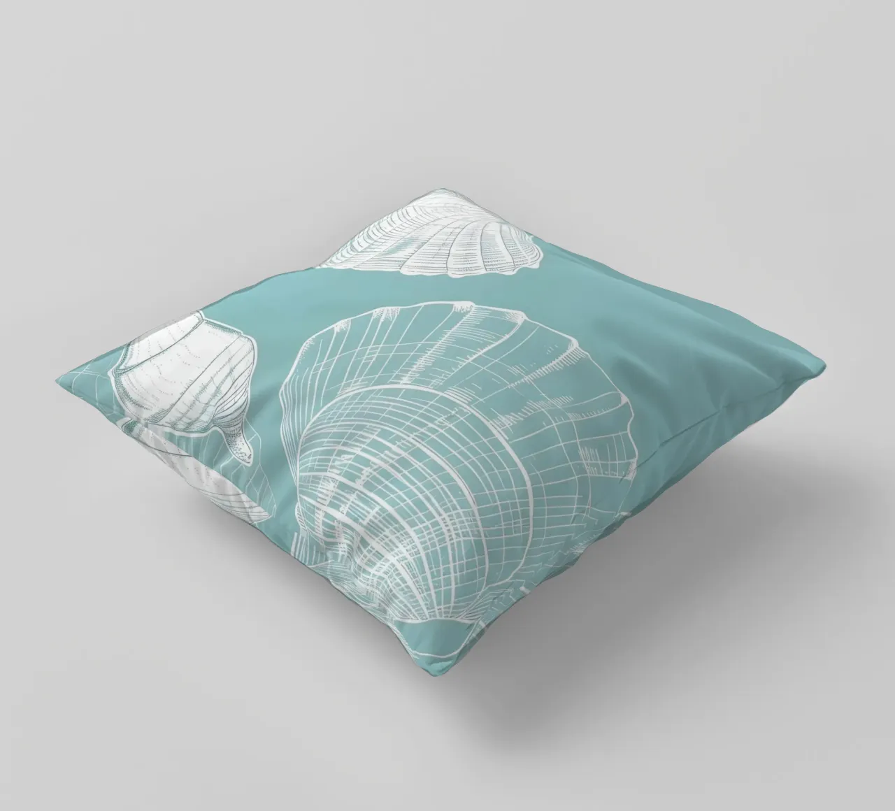 Modello di conchiglie bianche Aqua Blue Coastal Art cuscino da dawnthesea