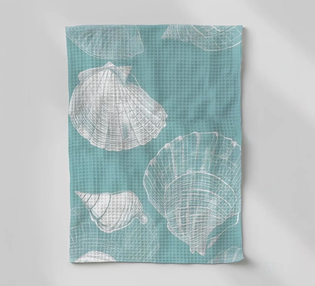 Modello di conchiglie bianche Aqua Blue Coastal Art canovaccio da cucina da dawnthesea