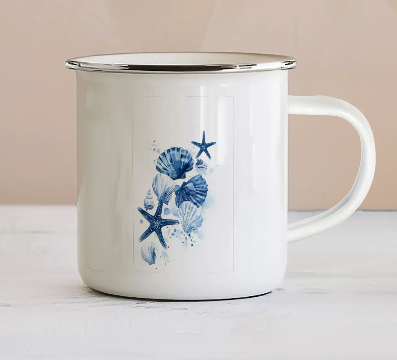 Blue Seashells Starfish Watercolor Coastal Art enamel mug by dawnthesea